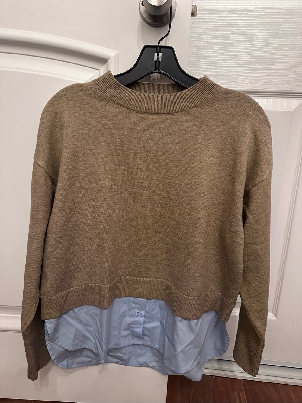 Women’s Layered-Look Sweater in Taupe with Blue Shirt Hem